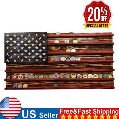 #ad Vintage American Flag Solid Wood Wall Mounted Coin Display Holder Rack Challenge $18.99