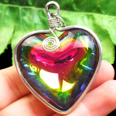 #ad 2Pcs Wrapped Rainbow Crystal Heart Pendant Bead 58x46x16mm FSH75086 $10.91