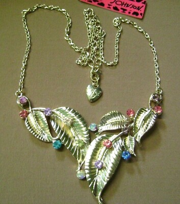 #ad NWT BETSEY JOHNSON MULTI COLOR CRYSTAL LEAF GOLD TONE NECKLACE. USA SELLER $14.99