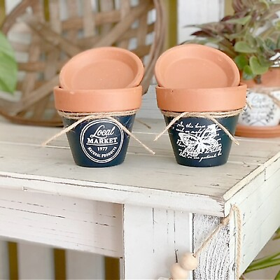 #ad Hand Painted 4 inch Terracotta Planter Set of 2 Navy w white design $15.00