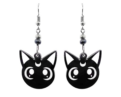 #ad Luna Cat Face Earrings Animal Cartoon Character Graphic Dangles Handmade Jewelry $13.99