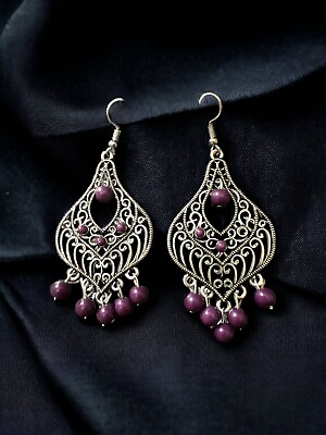 #ad Silver Filigree Dangle Hook Earrings with Lots of Dangling Purple Beads $7.00