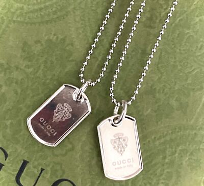 #ad GUCCI Pair Necklace Mini Crest Charm Dog Tag Pendant Plate Silver 925 Leather SS $344.82