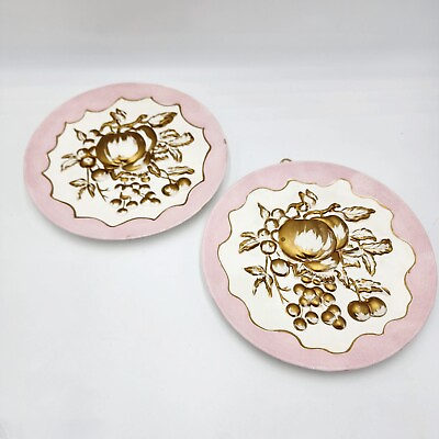 #ad Vintage Set Of 2 Japan Hanging Wall Plates With Pink Gold Dimensional Fruit $49.99