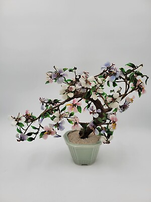 #ad Vtg Chinese Peking Glass Jade Cherry Blossom Bonsai Tree Pink Purple Flowers $51.19