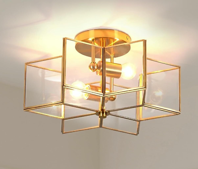 #ad 16quot; Gold Modern Star Chandelier Ceiling Light Fixture 2 Light Brass Trim Hexagon $99.99