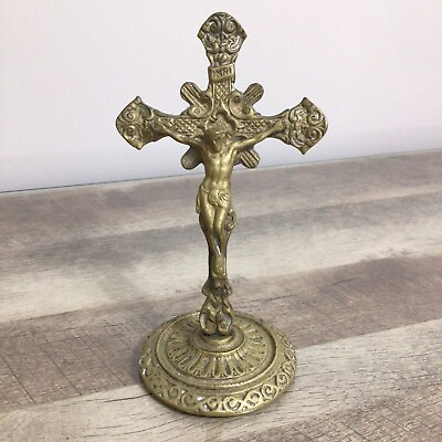#ad Vintage Ornate Brass Tabletop Catholic Crucifix INRI Cross Jesus Christ $30.00