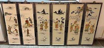 #ad 6 Vintage Oriental Mother of Pearl Lacquer Asian Wall Art Panels 12quot; x 36quot; each $459.00