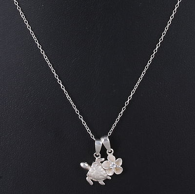 #ad STERLING CLEAR STONE FLOWER BLOSSOM amp; SEA TURTLE PENDANTS NECKLACE 925 FINE 9423 $35.00