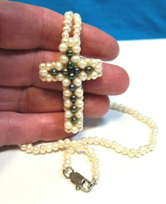 #ad PEARL CLUSTER HOLY CROSS PENDANT ON MINI PEARL NECKLACE 15 INCHES LONG $95.00