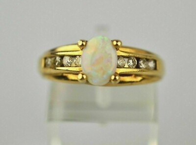 #ad Vintage 14K Yellow Gold Plated Unique Simulated Opal Ring With Channel Set 1.5Ct $97.11