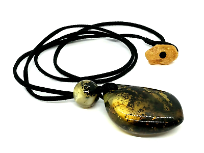 #ad Baltic AMBER PENDANT With Branch Unique Gift Round Bead Black Cord 171g 14143 $72.09