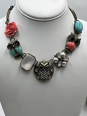 #ad Betsey Johnson 3D Owl Rose Faux Pearl Pink Blue Pendant Statement Necklace $59.99