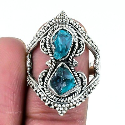 #ad Natural Blue Apatite Gemstone 925 Silver Statement Ring Size 8 For Women $16.99