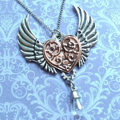 #ad Valkyrie Heart Anne Stokes Engineerium Steampunk Winged Lock Pendant Necklace GBP 15.99