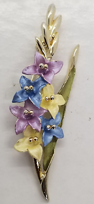 #ad Vintage Flower Bouquet Purple Blue Yellow Flowers Gold Tone Brooch $8.50