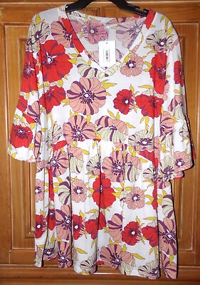 #ad NWT RIGHT AMOUNT OF RED WOMENS SIZE 3X FLORAL 3 4 SLEEVE TUNIC TOP V NECK $27.95