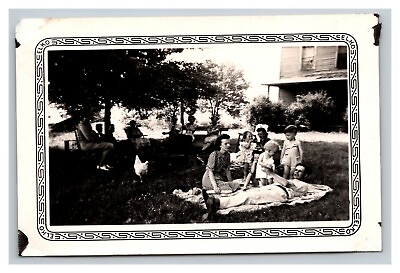 #ad Vintage 1944 Photograph Family in Their Backyard Suburban Home Chickens FUNNY $17.97