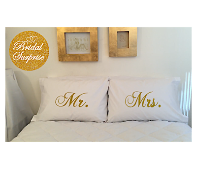 #ad Mr amp; Mrs white pillowcase set scripted gold glitter C video $12.00