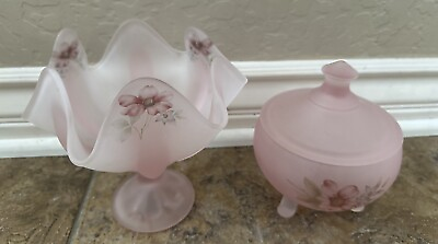 #ad Viking Frosted Pale Pink Flower Petal Pedestal Drape Bowl Vintage trinket Dish $80.00