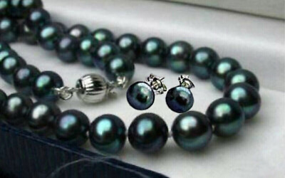 #ad Natural Black Akoya Freshwater Cultured Pearl Necklace Earrings Set 14 48#x27;#x27; $14.98