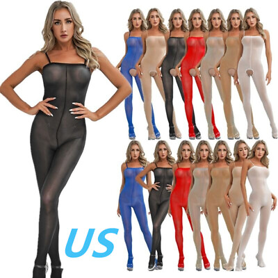 #ad US Womens Glossy Sheer Bodystocking Jumpsuits Spaghetti Straps Bodysuit Catsuit $10.59