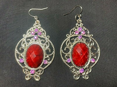#ad Silver Plated Dangle Hook Red Gemstone w Small Pink Gemstones Faux Earrings $12.99