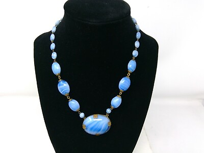 #ad Vintage Czechoslovakian Blue White Swirl Glass Necklace $159.99