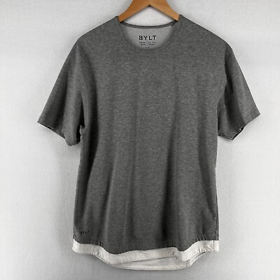 #ad BYLT Shirt Mens L DUAL LAYER Drop Cut Short Sleeve Gym Workout Cotton Blend Gray $26.99