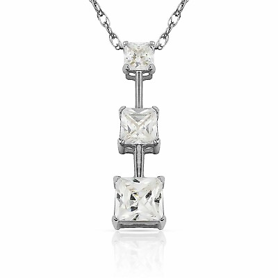 #ad Solid 14k White Gold Three Stone Princess Cut Pendant $89.99