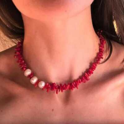 #ad Natural Red coral branch Pearl Necklace 18 inches Unisex Amulet Chakra Choker $8.53