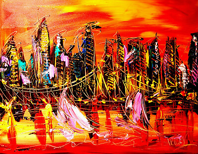 #ad LANDSCAPE CITY Original Oil Painting on canvas IMPRESSIONIST Bergjh $325.00