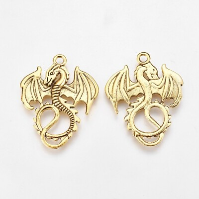 #ad Dragon Pendant Antique Gold Tone Dragon Charm Medieval Fairy Tale 2 sided $3.38