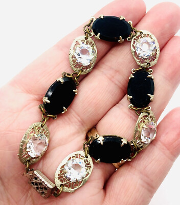 #ad Art Deco Crystal amp; Onyx Glass Bracelet Ornate Rhodium Filigree Vintage Jewelry $82.50