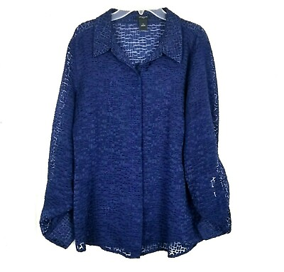 #ad Ann Taylor Shirt Women Size 10 Blue Sheer Tab Sleeve Hidden Button $18.00