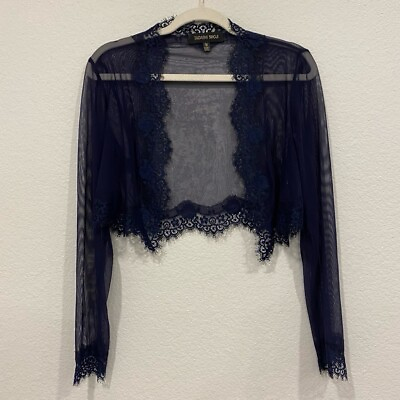 #ad Tadashi Shoji Navy Blue Vintage Lace Sheer Long Sleeve Evening Cover Up M $35.00
