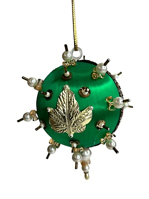 #ad Vintage Push Pin Bead Sequin Silk Beaded Christmas Tree Ornament Ball Green $10.99