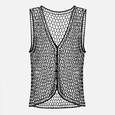 #ad Vintage 70s Art Deco Black Silver Beaded Open Crochet Fishnet Knit Vest Top $75.00
