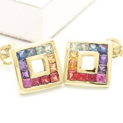 #ad Rainbow Color Sapphire Stud Square Earrings Women#x27;s Princess 925 Sterling Silver $152.00
