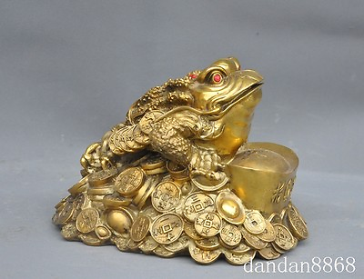 #ad 10quot; chinese fengshui brass money coin ingot yuanbao golden toad bufo frog statue $250.75