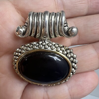 #ad Vintage Signed Best Pendant Silver And Gold Tone Oval Beaded Plated Faux Onyx $15.00