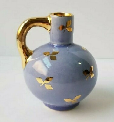 #ad Vintage Ceramic Periwinkle Blue amp; Gold Flower Bud Vase Clover Hollywood MCM $18.00