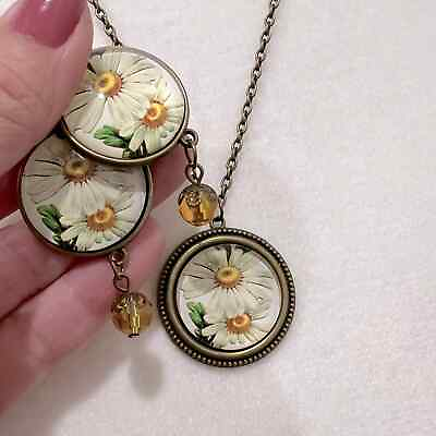 #ad Daisy daisies dome round pendant earrings set boho retro floral flowers necklace $28.00