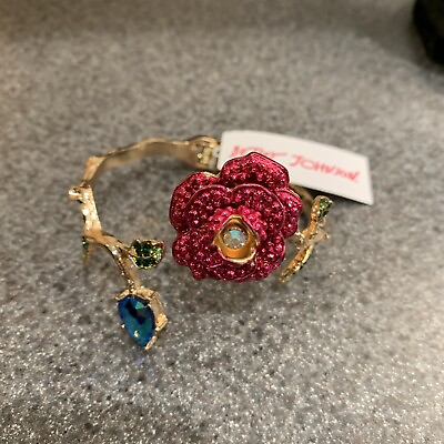 #ad Betsey Johnson Rose Branch Crystal Rhinestone Hinged Cuff Bracelet “New” $29.99