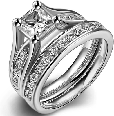 #ad Stainless Steel Princess Cut Wedding Engagement Ring Set Anniversary Propose Ete $23.74