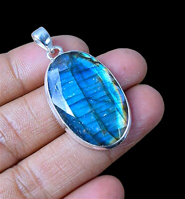 #ad Faceted Labradorite Silver Pendant 925 Sterling Silver Pendant Handmade Pendant $126.00