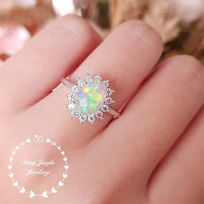 #ad Halo Opal engagement ring 7*9 mm white opal cabochon ring 925 Sterling Silver $120.00