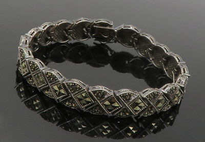 #ad 925 Sterling Silver Vintage Sparkling Marcasite Hinge Chain Bracelet BT5682 $119.98