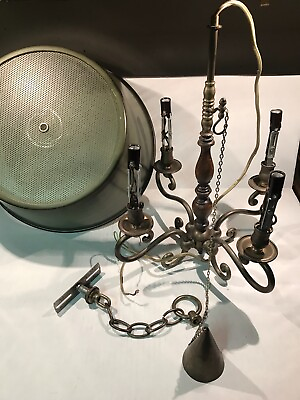 #ad Chandelier With Tole Tin Green Shade amp; Snuffer 4 Arm Brass and Wood VTG Unique $293.50