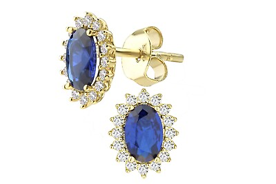 #ad 9ct Yellow Gold Blue Sapphire amp; Cz Oval Cluster Stud Earrings 9mm x 7mm GBP 75.95